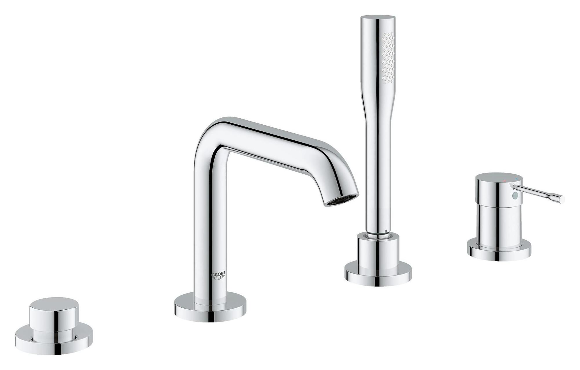 Смеситель для ванны GROHE Essence+ на 4 отверстия с душевым гарнитуром и изливом (на бортик ванны), 19578001