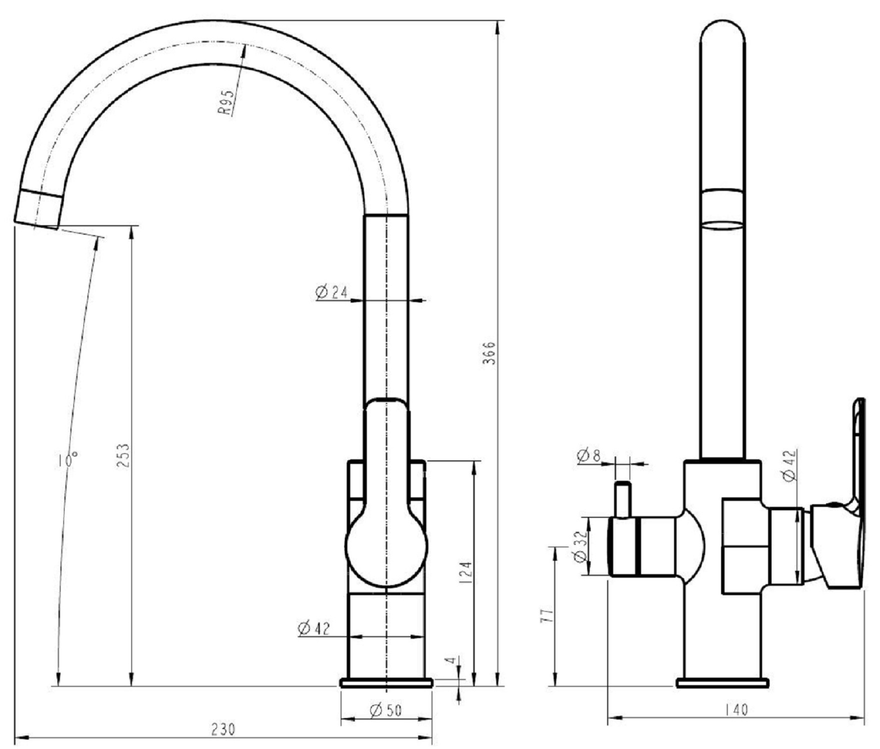 Смеситель для кухни, R-излив, с подключением к фильтру, арт. K27