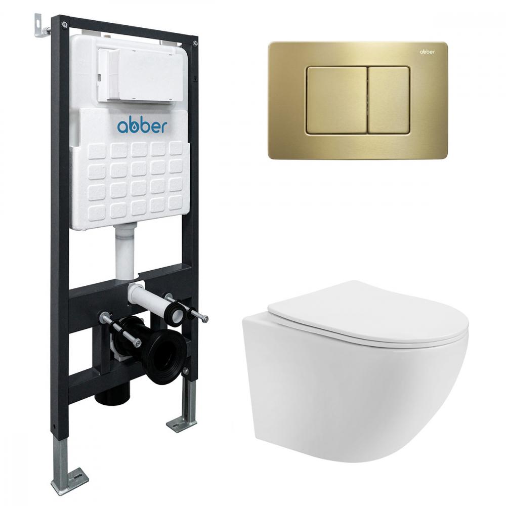 Комплект подвесной унитаз Saniteco белый с инсталляцией AC0105 и кнопкой AC0120MMG золото матовое